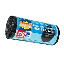 Мешки для мусора 120 л, с ушками, черные, в рулоне 30 шт., ПНД, 15 мкм, 1100х700 мм, Крепак, 4607075710375 в Черкесске